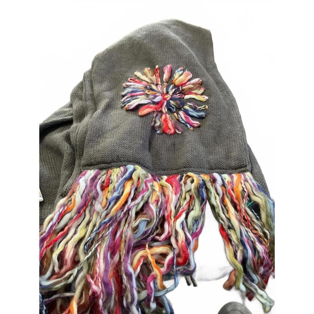 Life is Good Gray Knit Scarf with Colorful Fringe and Floral Accent